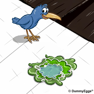 A smaller blue bird with a prominent yellow beak looks sheepishly at a big green and blue splat, cartoon